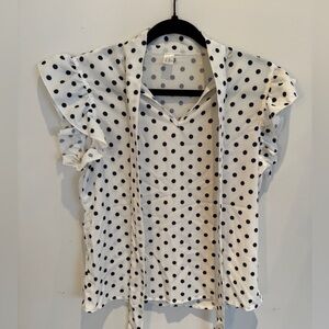 Women’s White and Black Polka Dot Tie-Neck Ruffle Sleeve Blouse